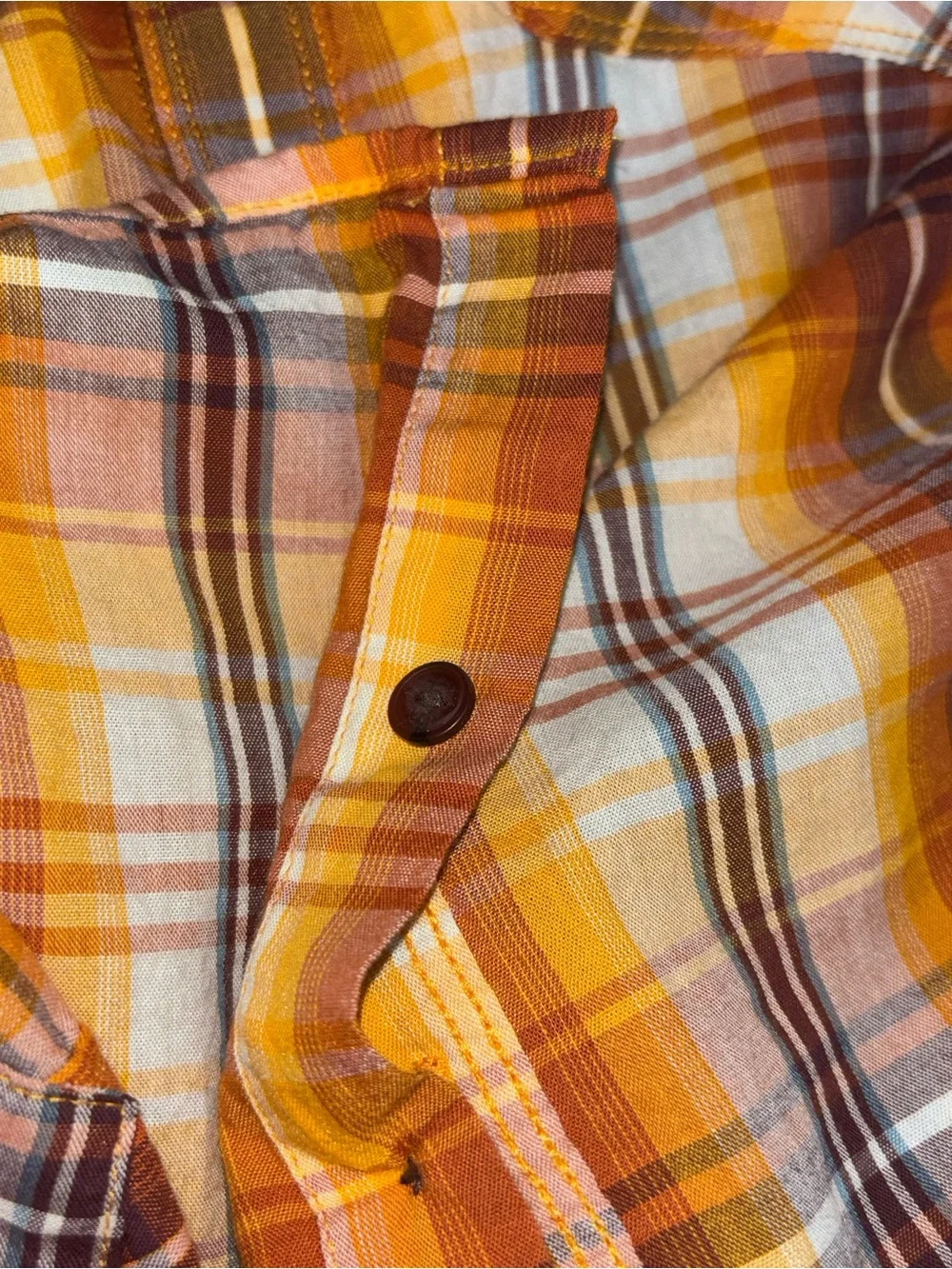 The North Face orange brown plaid short sleeve button down shirt size Large